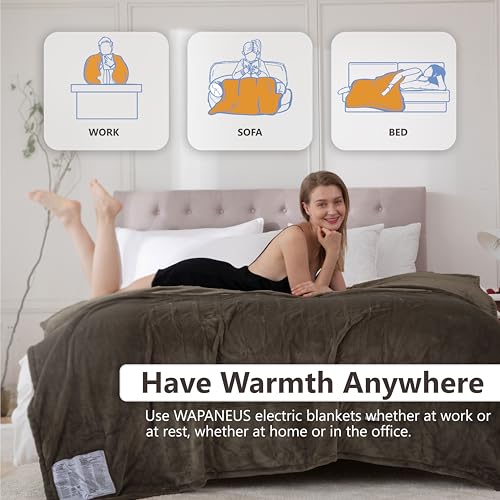Wapaneus Heated Blanket Electric Twin Size 62"x84" with 10 Heating Levels 12 Timer Settings 8 Hours Auto-Shut Off,Flannel Fast-Heating Electric Blanket,ETL Listed Machine Washable,Dark Brown - color: Dark Brown, size: 62*84in