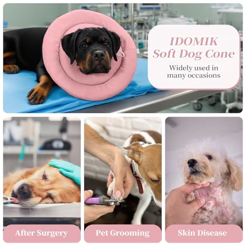 IDOMIK Dog Recovery Collar, Waterproof Soft Dog Cone After Surgery | Comfy Protective Elizabethan Collar Alternative for Dogs Cats, Adjustable Pet Neck Donut Cone Anti-Licking Wounds,Pink,L - color: Pink, size: L