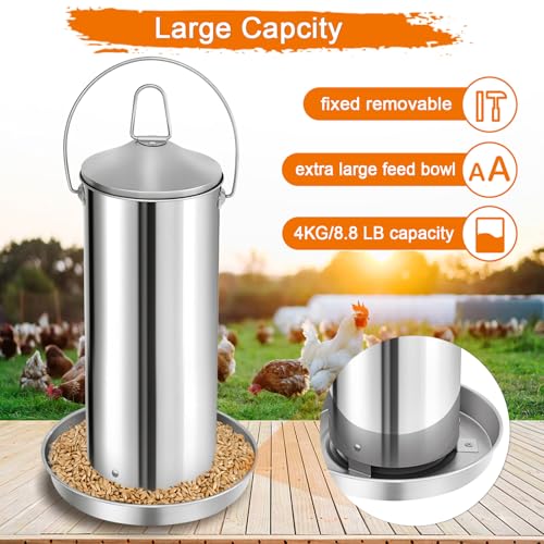 RYFT 8.8 lb Chicken Feeder, Stainless Gravity-Fed No Waste Poultry Feed, Weatherproof Construction with Handle for Chicken Coops, Duck Farms, and Goose Farms - size: 8.8lbs