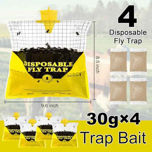 4 Pack Outdoor Fly Trap Bags Hanging - 4 * 30g Bait, Durable, Effective | Bug Hunter Catcher Killer Repellent for Stable Horse Barn & Farm | Disposable | Easy to use | Large Capacity - size: 4 pack