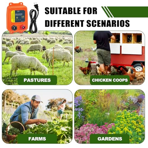 PE2 Electric Fence Charger, 2-Mile/ 8 Acres Electric Fence Charger,0.1 Joule Livestock Fence Chargers for Containing Dogs, Livestock and Preventing Wild Animals Intruding,Orange