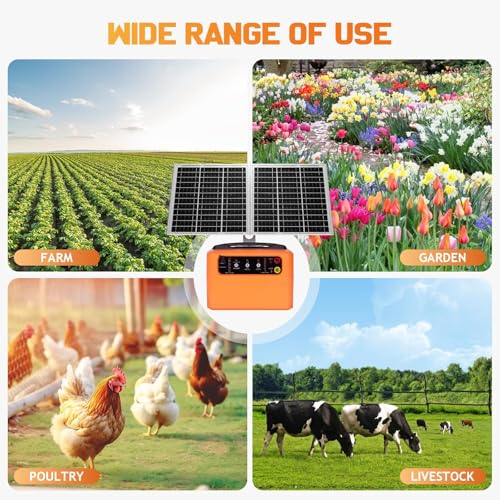30 Miles/48km Solar Electric Fence Charger,15W Solar Powered Fencer with Adjustable 6KV to 12KV Output (0.3J-1.5J),Battery Level LCD Display,All-Weather Kit for Livestock,Deer,Farm,Yard