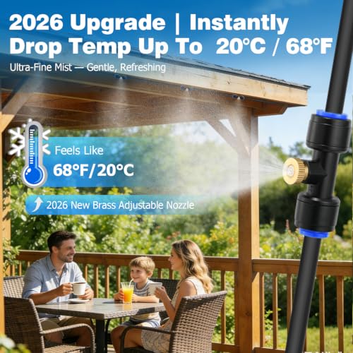 Mellbree Misters for Outside Patio 60FT/18M, Pre-Assembled Misting Cooling System with 19 Brass Nozzles & 3/4" Adapter, Outdoor Mister for Garden, Backyard, Pool, Greenhouse, Play Area, Trampoline - size: 60FT