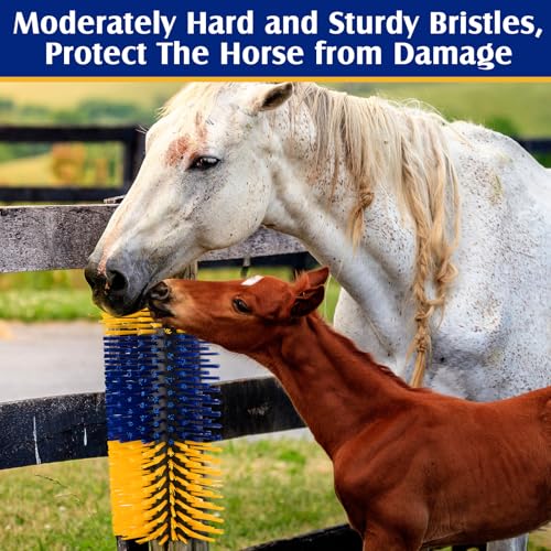 3 Pack Livestock Scratching Brush, Blue and Yellow | Animal Scratcher, Itch Relief Grooming, Horse Goat Cow Scratcher, Fence Post Mounting, Durable Bristles, Farm Livestock Care - color: Blue and Yellow