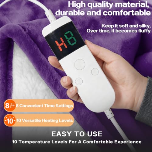 Wearable Heated Blanket With Sleeves & Foot Pocket, Heated Throw Blankets Fast Heating Blanket With 10 Heat Settings Auto Shut Off Over-Heat Protection-Warm Gift, Machine Washable, 52”*72”+18” - color: Purple