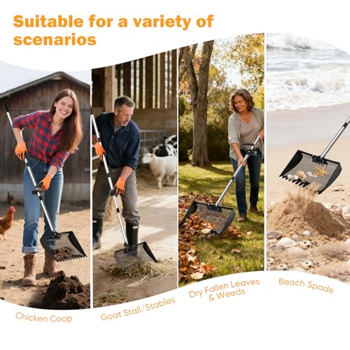 12inch Chicken Poop Scooper & Rake 2-in-1 with Adjustable Handle | Heavy Duty Metal Chicken Coop Scoop for Sand, Adjustable Angle Stainless Steel Chicken Coop Rake Litter Sifting Shovel 37-64" - color: Black