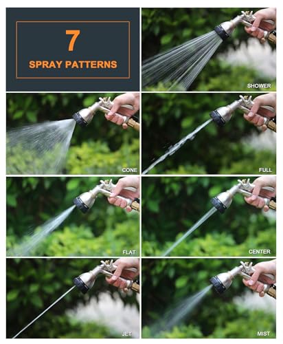 Heavy Duty Metal Garden Hose Nozzle, 7 Patterns, Rear Trigger | High pressure metal sprayer for garden, car wash, pet shower. Leak-proof, rustproof, ergonomic grip