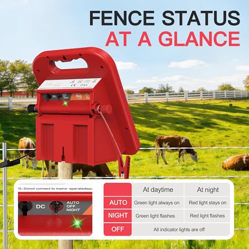10 Mile Solar Fence Charger 0.18J Electric Fence Energizer with Day Night Mode 24-Hour Protection Red - size: 0.18J-Red