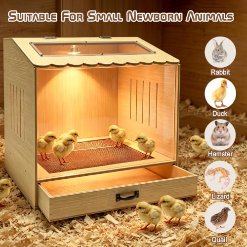 Wooden Chicken Brooder Box with Heating Lamp, 20x18x16 Inch Brooder Box with Mesh Bottom Drawer for Waste Collection for Ducks, Chicks, Hamsters, Lizards