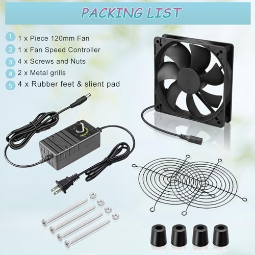 120mm x 25mm Computer Fan with AC Plug, 12V Variable Speed Cooling | AC 110V-240V Powered,for Router, Modem, Xbox, Electronic,Receiver, Terrarium and Greenhouse Ventilation