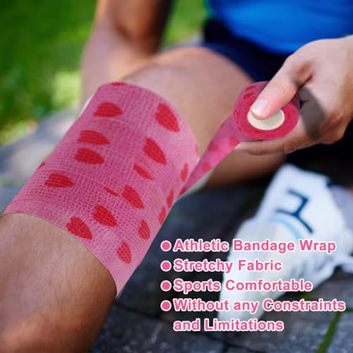 48 Pack Self Adhesive Bandage Wrap, 2” x 5 Yards Cohesive Medical Tape Elastic Grip Tape Black Sports Tape Athletic for Ankle, Wrist Sprains, Pet First Aid (Pink-Heart) - color: Pink-heart