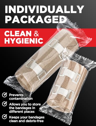 Premium Elastic Bandage Wrap - 4pk (2x3in, 2x4in) + 12 Extra Clips - Strong Compression Bandage Wrap for Leg, Arm, Wrists, Elbow, Ankles, Feet and Knees - for First Aid Kit and After Surgery Recovery | Strong Compression Bandage Wrap for Leg, Arm, Wrists,