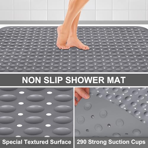 Shower Mat Non Slip, 36" x 24" Large Shower Floor Mat with Drain Holes and Suction Cups, Soft TPE Anti Slip Shower Stall Mats for Inside Shower, Machine Washable, Grey - color: Grey