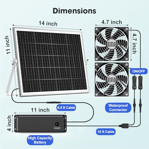 Solar Fan with Battery, Solar Fan for Greenhouse & Chicken Coop, Rechargeable Solar Fans for Outside, Solar Powered Exhuast Fans for Outdoor Doghouse Shed Circulation Vent Ventilation Cooling - size: 4.7" Fan Large