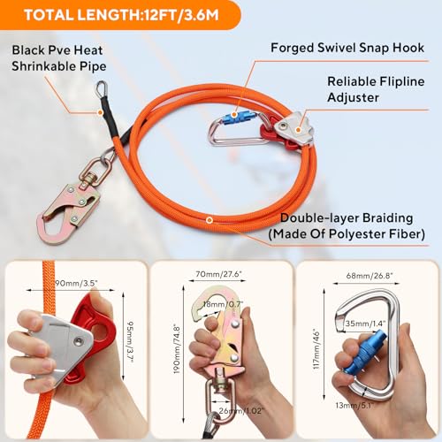 12ft Steel Wire Core Flipline, 3300Lbs Arborist Positioning Lanyard Kit | 1/2" Tree Climbing Gear with Triple Lock Carabiner, Steel Swivel Snap & Rope Grab for Tree Climbing Fall Protection - size: 1/2’’ x 12 ft