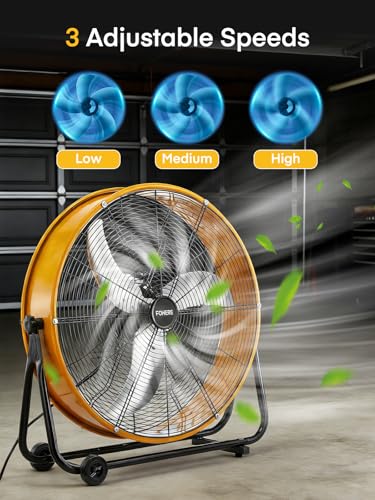 FOHERE 24 Inch High Velocity Industrial Drum Fan, Up to 8,900 CFM | 3-speed control, 360-degree tilt, metal frame, wheels, for garage, warehouse, workshop, gym, barn