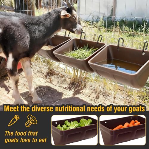 2 Pack Hanging Chicken Feeder Trough for Goat,Sheep,Dog.Livestock Feeding Container Goats Supplies Feeders Waterer Bucket (Brown)