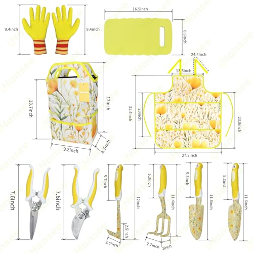 Yellow Garden Tools Set 10 Pieces, Gardening Gifts for Women | Aluminum Alloy Steel Hand Tool Kit w/Non-Slip Ergonomic Handle, Floral Print Garden Supplies Organizer Handbag, Gardening Set - color: yellow