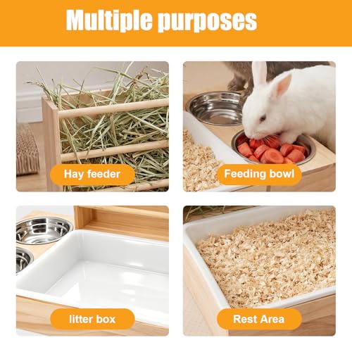 3-in-1 Rabbit Hay Feeder, Rabbit Litter Box with Hay Feeder and Bowls, Guinea Pig Hay Feeder, for Rabbits, Guinea Pigs, Small Animals