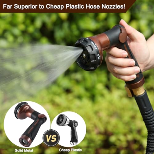 FANHAO Heavy Duty Garden Hose Nozzle, Metal Hose Sprayer Easy Thumb Control | 8 Spray Patterns, Rustproof Water Nozzle, Non-Slip Ergonomic Grip, Elder & Child Friendly for Garden, Car & Pet, Brown - color: Brown