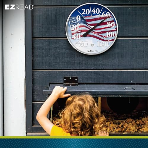 EZREAD Hanging Dial Thermometer 840-1221 Weather Thermometers for Indoor and Outdoor Use, Large 12.5 Inch Diameter, Easy to Read Numbers, American Flag - color: Flag