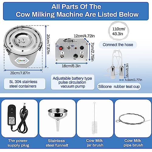 5L Cow Milking Machine, Rechargeable Battery Adjustable Pulse Vacuum Electric Cow Milking Machine,Portable Milking Machine,Individual Pulsation Adjustment, Udder Protection - size: 5L Cow
