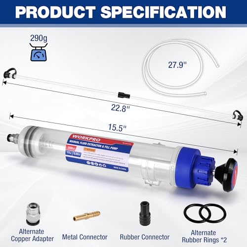 WORKPRO 500CC Manual Fluid Extractor | Multi-Purpose Oil Syringe, Oil Suction Pump, Manual Extraction and Filling Pump, Automotive Oil Syringe - size: 500cc