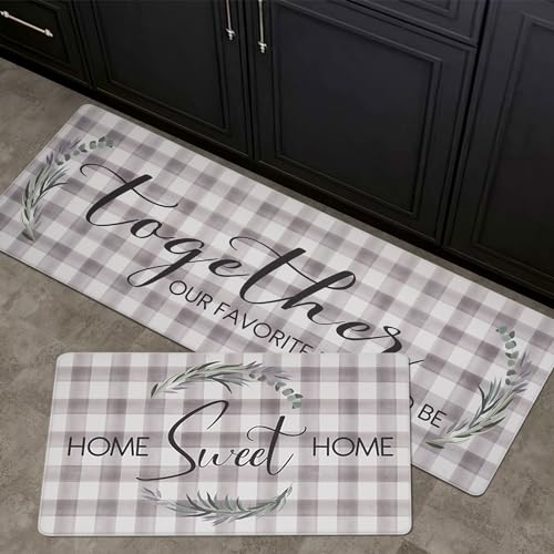 FRESHMINT Kitchen Mats Sets 2 Piece Cushioned Anti-Fatigue Comfort Mat for Home & Office Ergonomically Engineered Memory Foam Kitchen Rug Waterproof Non-Skid, 30" by 17" + 47" by 17", Check Sweet Home - color: Check Sweet Home