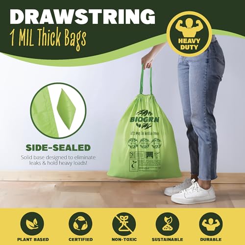 10-13 Gallon Compostable Trash Bags Drawstring 30 Bags Heavy Duty Extra Thick 1 Mil 49.21 Liter Biodegradable Trash Bags Compost Bags Green for Kitchen ASTM D6400 US BPI and OK Compost Home Certified - color: 13 Gallon Drawstring, 30 Count