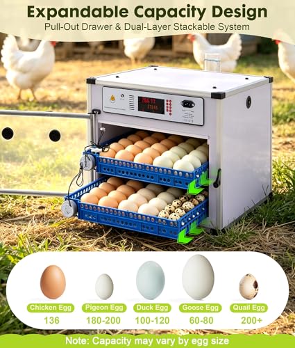 136 Eggs Automatic Egg Incubator with Auto Turner, Digital Temp Humidity Control & Water Refill, Poultry Incubator for Chicken Duck Goose Quail Pigeon Eggs, AC110V/DC12V Dual Power