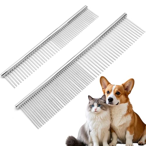 Biaungdo 2 Pcs Dog Grooming Combs Set, Metal Dog Comb | Stainless Steel Removing Tangles and Knot, Cat Brush Grooming Tool for Long Haired Pets