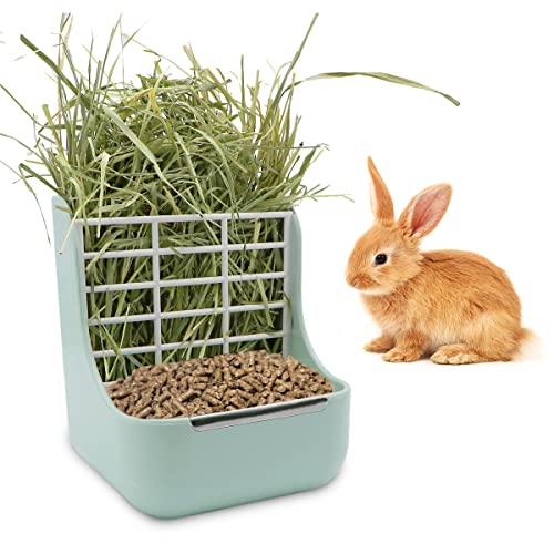 Litewoo Rabbit Hay Feeder 2 in 1 Automatic Guinea Pig Food Bowl, Green | Bunny food bowl & hay rack, durable plastic, chew-resistant, for small animal/chinchilla/cage, 5.9x6.7x7.09in, easy to clean - color: Green