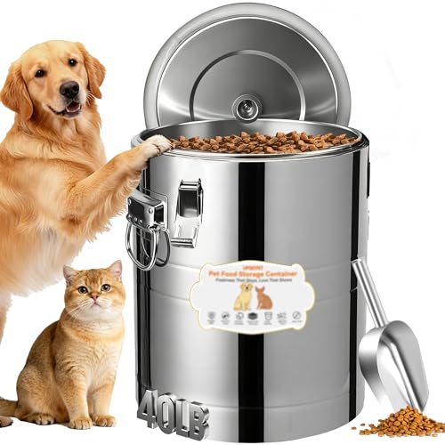 40lb Dog Food Storage Container, Airtight Stainless Steel | Extra Large Capacity, Rust-Proof, Moisture-Proof, Deters Pets from Opening & Stealing Food, Easy to Clean, Keeps Food Crispy - size: 40lb