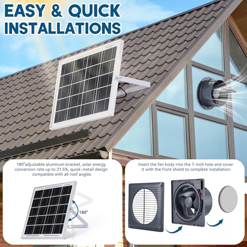 Solar Powered Exhaust Fan, 25W Solar Panel+8" High Speed Solar Powered Fans, Solar Exhaust Intake Fan Kit with Bracket, Anti-backflow Valve, Power Adapter, Vent Fan for Shed, Greenhouse, Attic - size: 8Inch