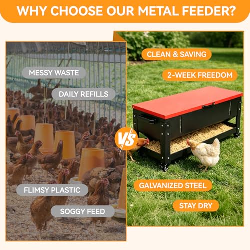 120 LB Large Chicken Feeder No-Waste, Heavy Duty Galvanized Metal Poultry Feeder with 360 Swivel Wheels, Rainproof Automatic Gravity Trough for Outside Coop, Chickens, Ducks, Geese