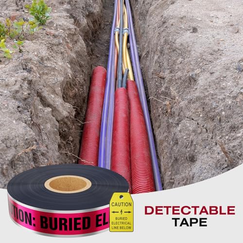 300 Feet Caution Buried Electric Line Below Detectable Safety Tape with Above-Ground Warning Tag, Detectable 2-Inch