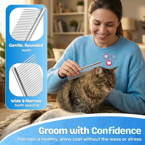 Flexzion Dog Comb, Stainless Steel Grooming Tool, 7 Inch, 45mm Teeth | Metal Comb for Dogs and Cats with Wide and Narrow Rounded Teeth to Detangle Knots and Remove Loose Hair From Medium Coats - size: Large (45mm)