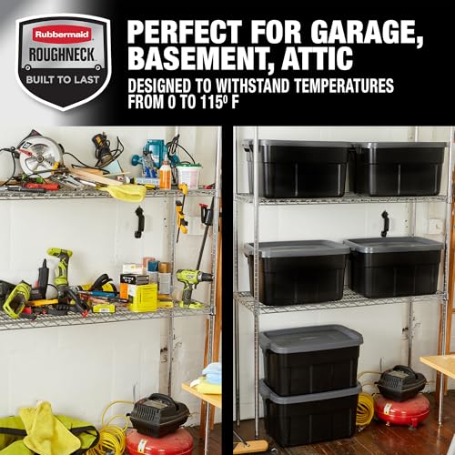 Rubbermaid Heavy Duty Black Storage Bins Plastic Totes with Lids for Storage, Stackable, Large Capacity, Durable, Multipurpose, 14 GAL, 6 Pack (14 GAL - 6 Pack Solid Black and Grey) - size: 14 Gal - 6 Pack