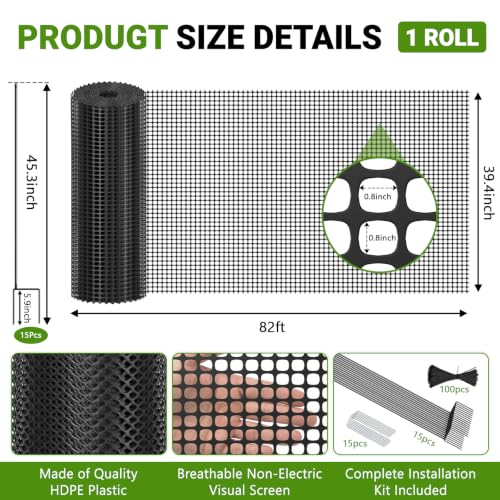 DoCred 3.28' x 82' Plastic Garden Fence Roll with Thicke Stakes, Black | Reusable HDPE Temporary Fence with 15Pcs 3.77FT Posts, Portable Chicken Dog Fence Barrier, Construction Snow Protection - color: Black, size: 39.4in x 82ft-Square Grid