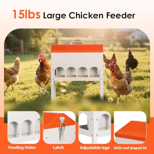 15lbs Automatic Chicken Feeder - 10 Feeding Ports Duck Feeder | No Waste Poultry Feeder, Large Feeding Though Dispenser for Chickens Duck, Galvanized Metal Material, Sturdy And Durable