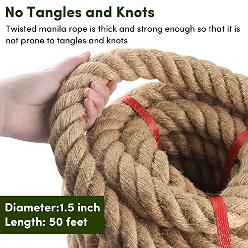 Manila Rope 1.5in x 50ft,Natural Thick Rope,Large Decorative Hemp Ropes Great for Gardening,Railings,Hammock Nautical - size: 1-1/2in, style: 50FT