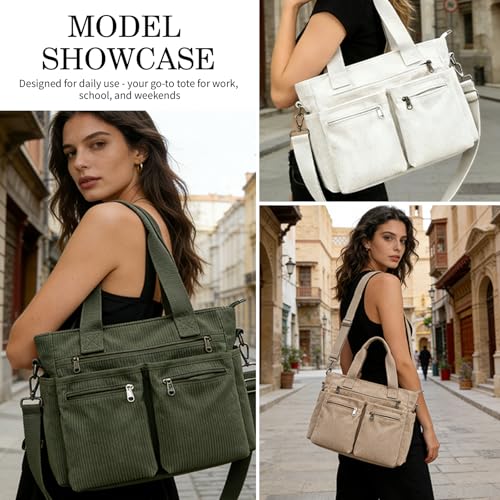 Corduroy Tote Bag for Women with Pockets,Large Crossbody Purse for Laptop,Work,College,Everyday,Travel - color: Khaki