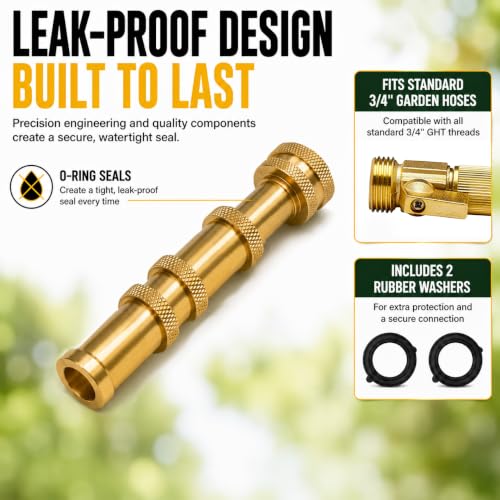 Solid Brass Metal Twist Garden Hose Nozzle, Heavy Duty Adjustable Pressure Spray Attachment, High Power Water Jet Sprayer with 4 Holes & ¾” Standard Threading, Includes 2 Extra Rubber Washers - size: Nozzle Pro - 1 Pack
