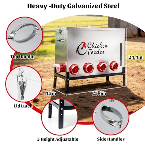 120LB Metal Chicken Feeder, Rat Proof Automatic Large Chicken Feeder with Visible Window &10 Ports, Galvanized No Waste Poultry Feeder for Chickens, Ducks, Geese - size: 120 LBS
