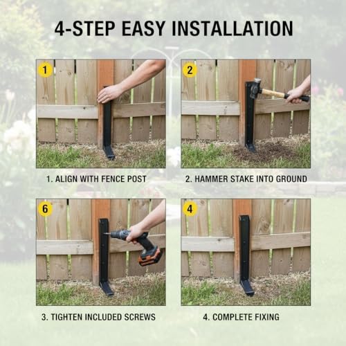 Heavy Duty Fence Post Repair Kit, Metal Fence Post Stabilizer Bracket with Ground Spike for Wooden Fence Repair, Includes Mounting Screws and Drill Bit 2Pack