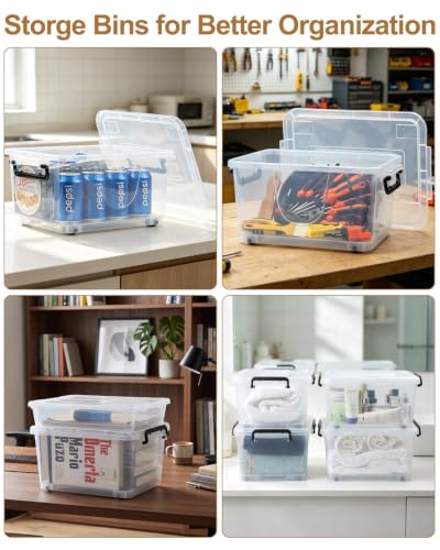 NUMIFUN 15QT Storage Bins with lids, Stackable Space Saver for Family | 4-pack BPA-free plastic boxes with secure latches. Deep recessed lids ensure safe stacking for closet & garage storage. - color: 15QT Clear Black