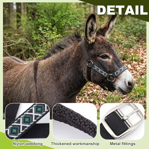 1 Set Mini Donkey Halter with Lead Rope Adjust, Black | Nylon Head Collar, Cute and Stylish, for Miniature Donkey and Small Equines, Farm Ranch Pasture Outdoor, Gingham Plaid Trim - color: Black