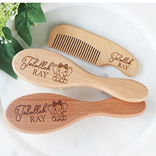 Baby Hair Brush | Personalized Baby Gifts | Brush | Wooden Brush Set | Perfect For Cradle Cap | Natural Goat Hair | 3 Piece Set | Elephant Design