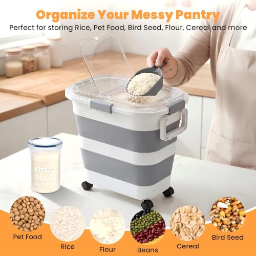 30 Lbs Rice Container, Collapsible Dog Food Storage Container | Airtight Cat Food Container with Wheels, Transparent Lid, Measuring Cup, Scoop and Handle, BPA Free for Pet Food, Bird Seed - size: 30 lbs