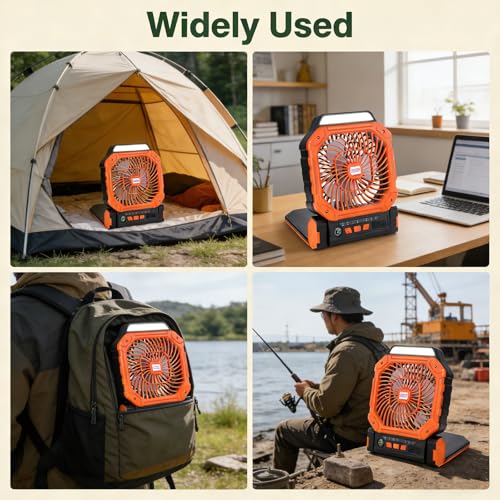 Solar Fan with LED Lantern - 10W Solar Panel Rechargeable Battery Powered Camping Fan for Outside, Portable Battery Operated Hurricane Supplies for Picnic, Barbecue, Fishing, Travel